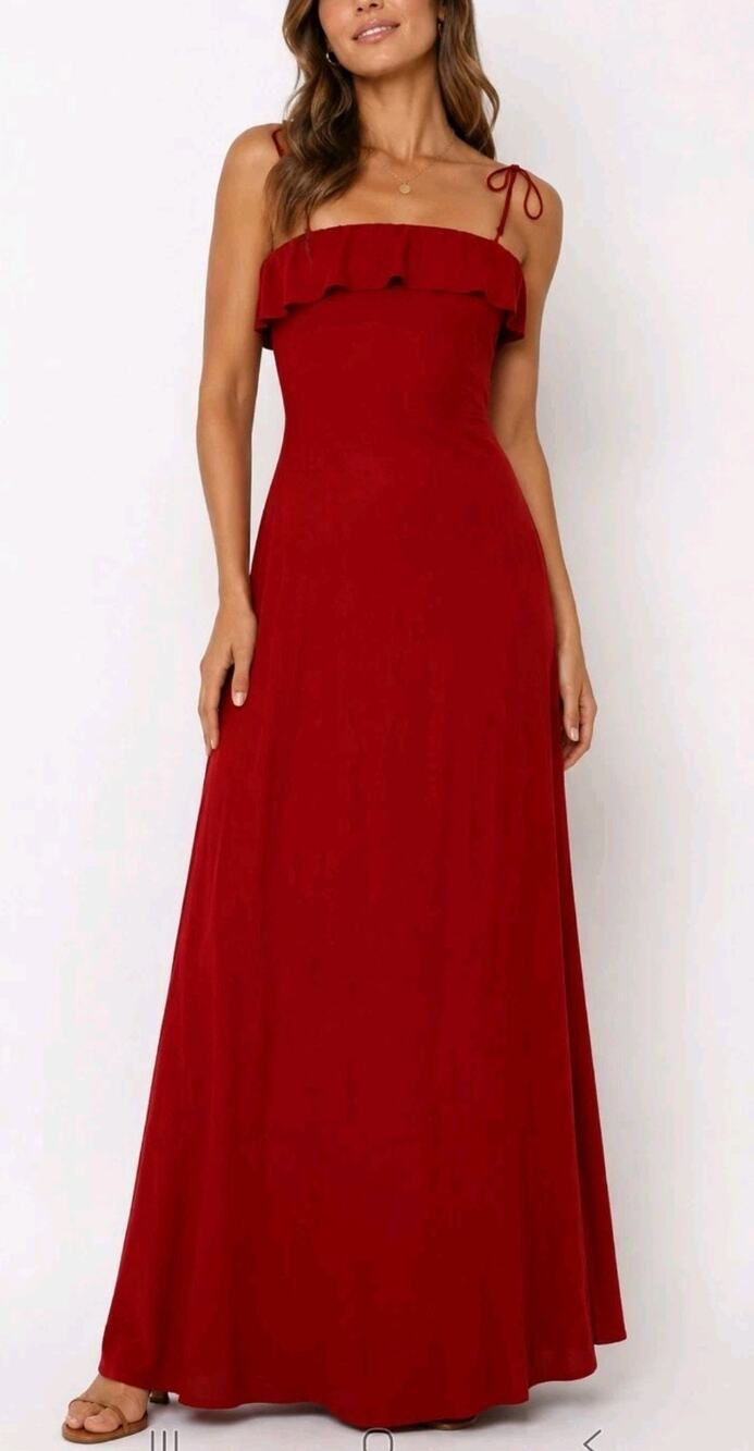 Abel The Label ~Woman Size L~ Red Linen Blend Pearl Strap Ruffle Maxi Dress NWT.